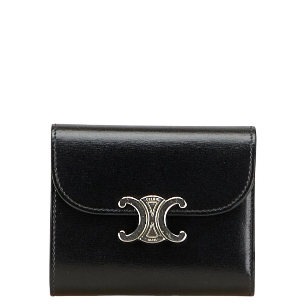 Celine Triomphe Flap Wallet Tri fold Black Leather